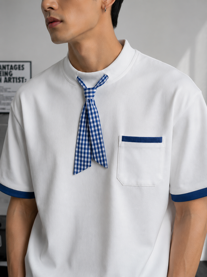 Men's Modern Gingham Necktie & Mock Neck Short-Sleeve T-shirt | Unique Style Designer T-shirt