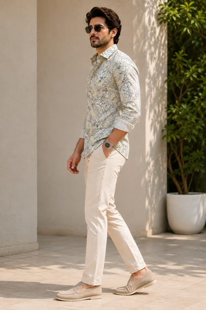 RARE RASU Men’s Premium Floral Botanical  Print Shirt – Pastel Sage Green Full Sleeve Casual Shirt