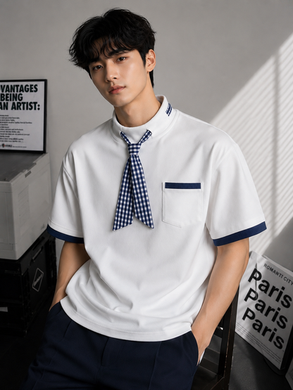 Men's Modern Gingham Necktie & Mock Neck Short-Sleeve T-shirt | Unique Style Designer T-shirt