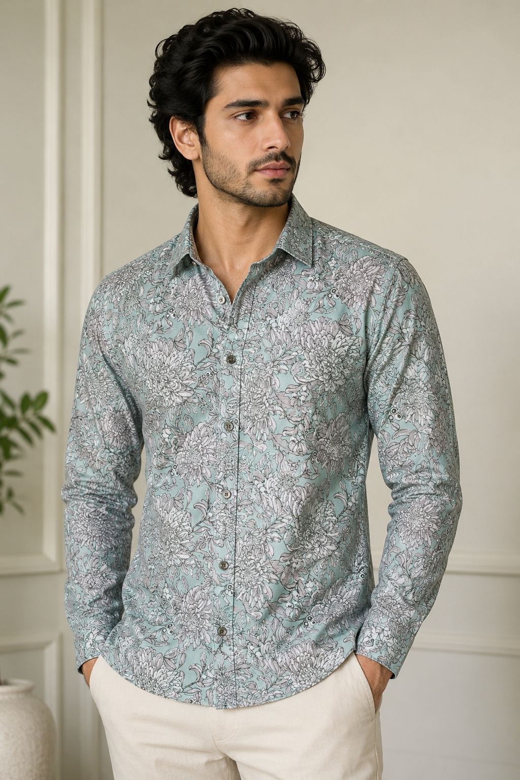 RARE RASU Men’s Premium Floral Botanical  Print Shirt – Pastel Sage Green Full Sleeve Casual Shirt
