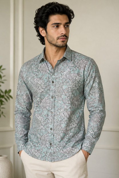 RARE RASU Men’s Premium Floral Botanical  Print Shirt – Pastel Sage Green Full Sleeve Casual Shirt