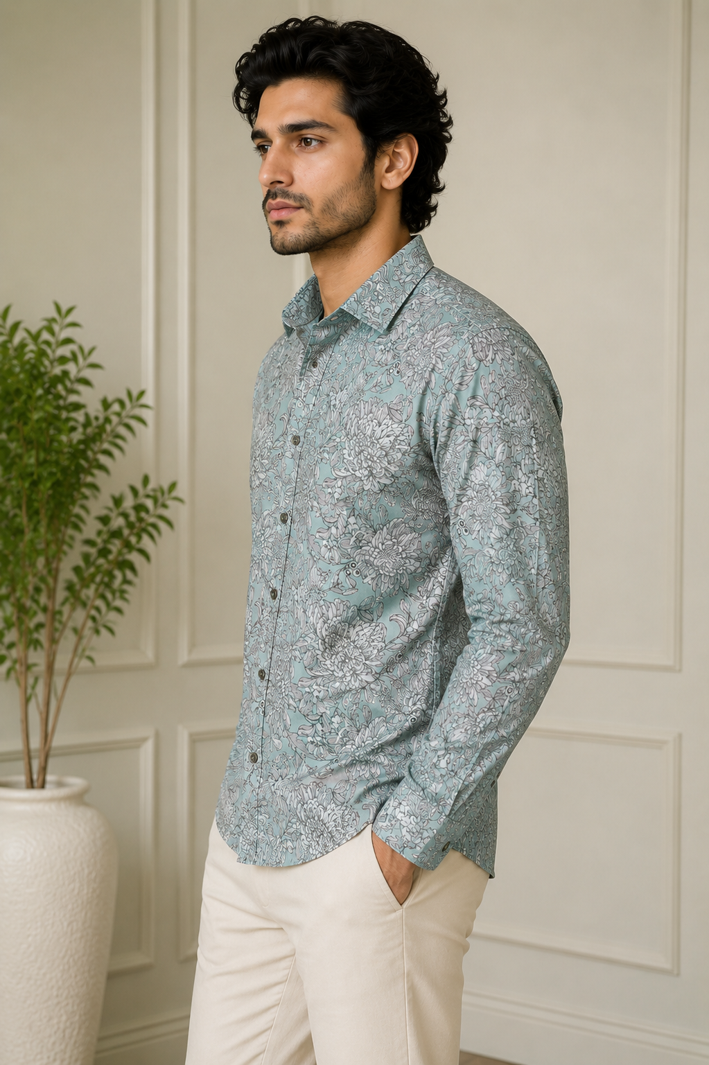 RARE RASU Men’s Premium Floral Botanical  Print Shirt – Pastel Sage Green Full Sleeve Casual Shirt