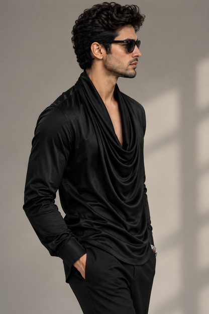 Men’s Premium Black Draped Cowl Neck Shirt | Full Self Designer Sleeve Luxury Shirt