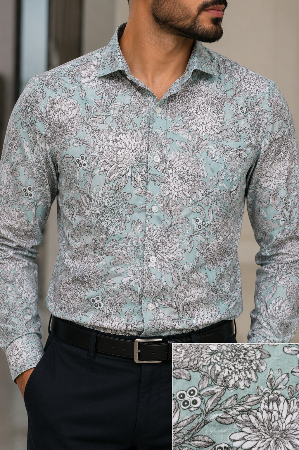 RARE RASU Men’s Premium Floral Botanical  Print Shirt – Pastel Sage Green Full Sleeve Casual Shirt