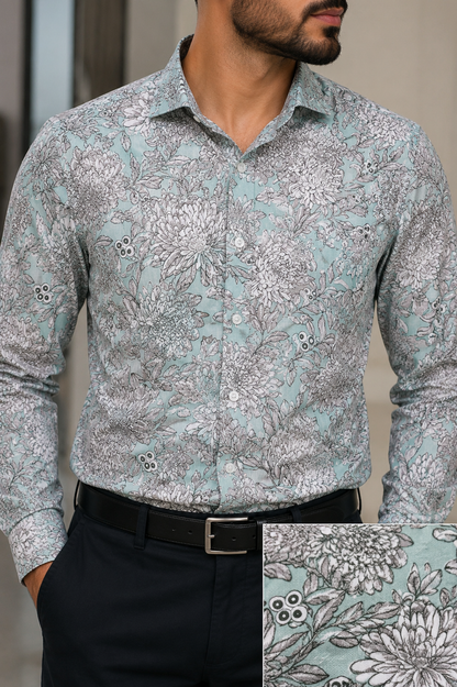 RARE RASU Men’s Premium Floral Botanical  Print Shirt – Pastel Sage Green Full Sleeve Casual Shirt