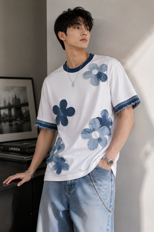 RARE RASU Premium Quality Cotton With Denim Bloom Patchwork T-shirt