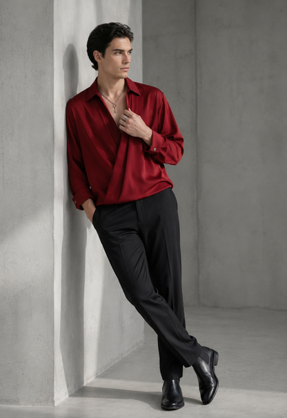 RARE RASU Men's Premium Satin Wrap-Front Shirt – Wine Red | Luxury Long Sleeve Statement Shirt