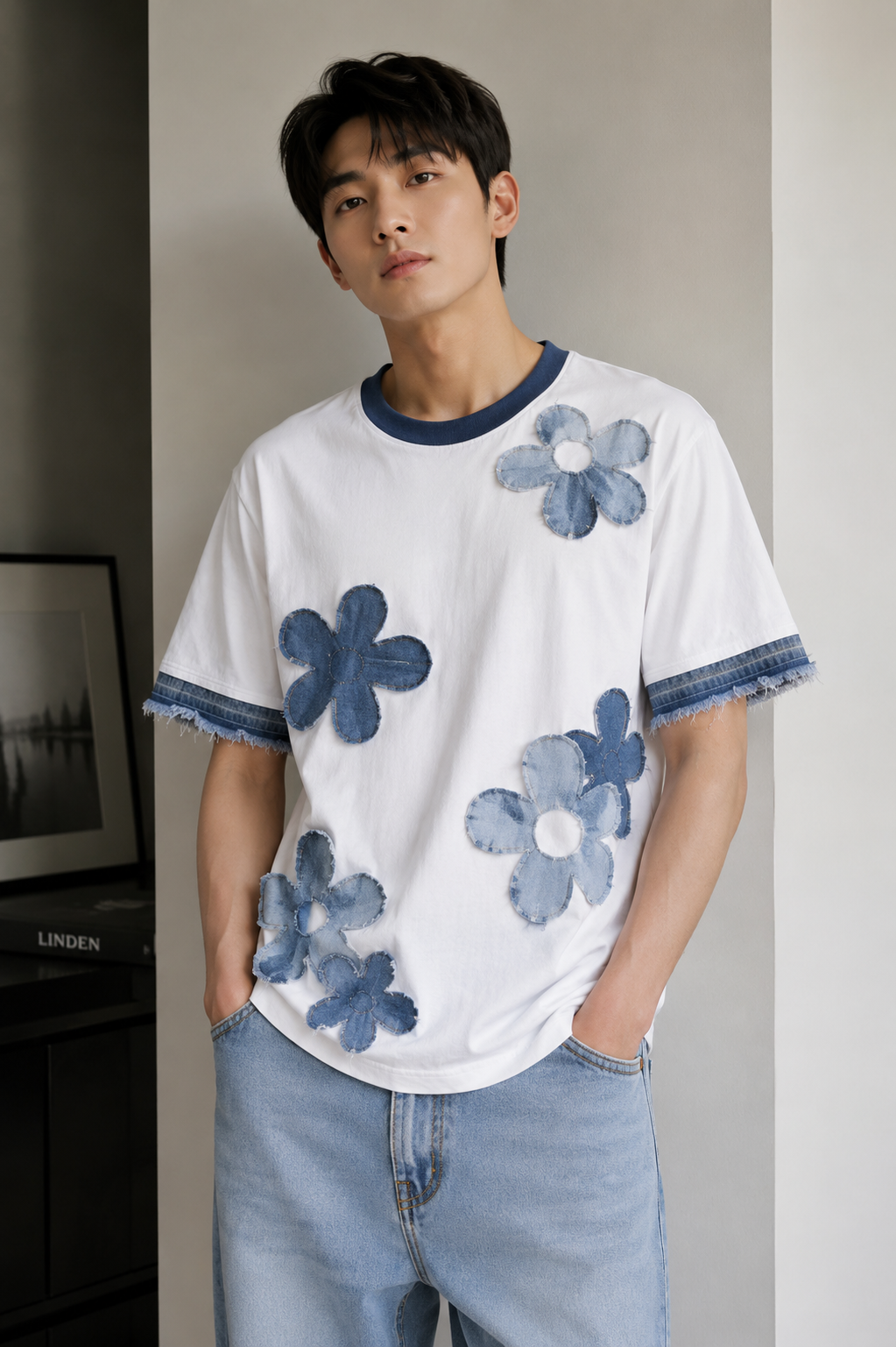 RARE RASU Premium Quality Cotton With Denim Bloom Patchwork T-shirt