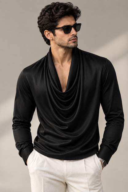 Men’s Premium Black Draped Cowl Neck Shirt | Full Self Designer Sleeve Luxury Shirt