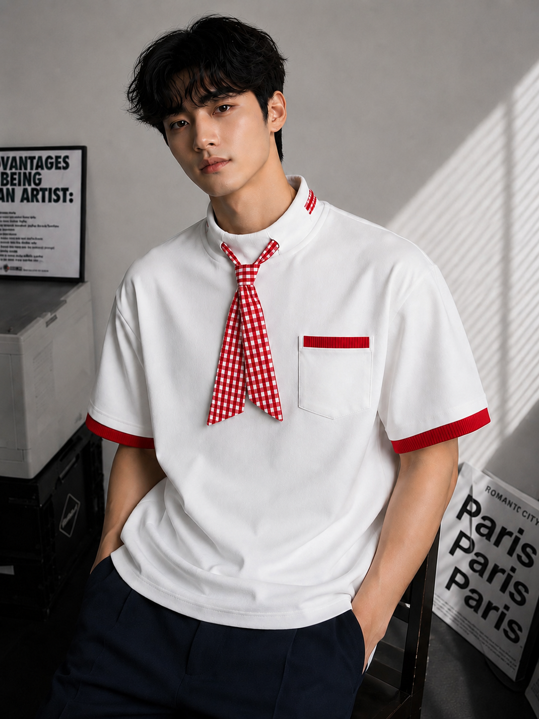 Men's Modern Gingham Necktie & Mock Neck Short-Sleeve T-shirt | Unique Style Designer T-shirt