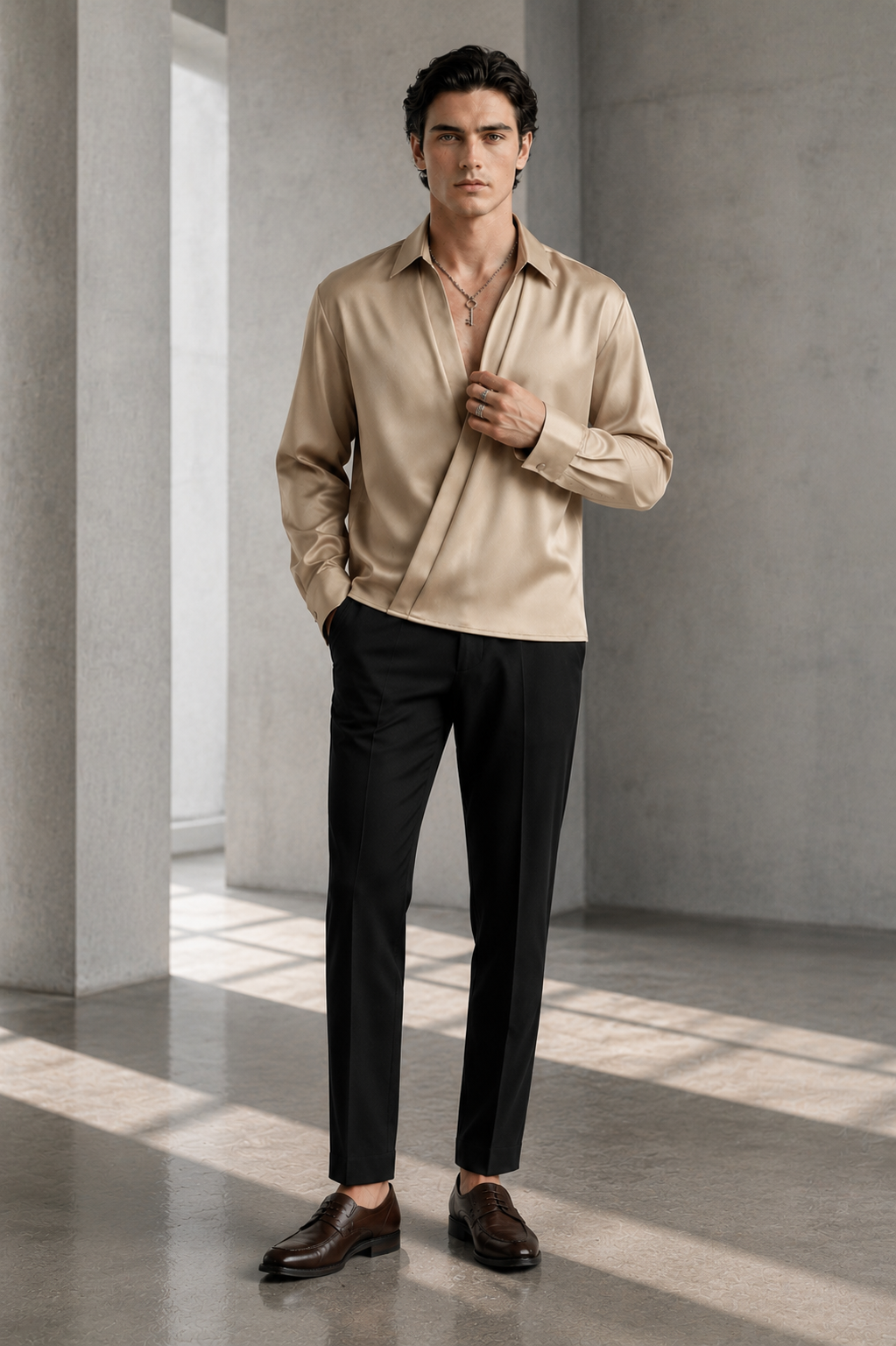 RARE RASU Men's Premium Satin Wrap-Front Shirt – Champagne Beige | Luxury Long Sleeve Statement Shirt