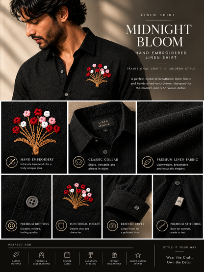 Midnight Bloom – Hand Embroidered Premium Linen Black Shirt